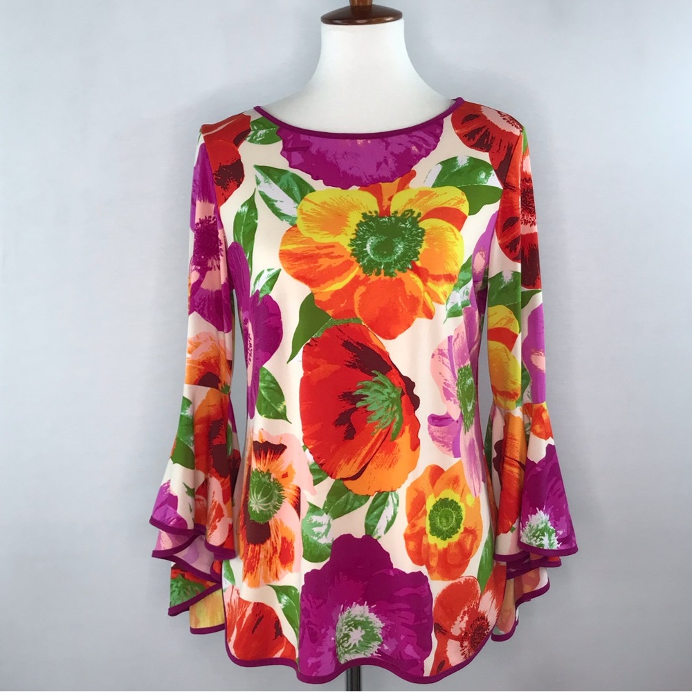Coco Bianco Bright Colorful Floral Poppy Long Bell Sleeve Blouse Size M